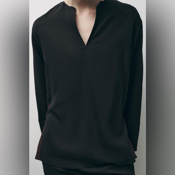 Zara Elegant Black V-Neck Long Sleeve Relaxed Fit Top Women’s Size Small - Picture 2 of 6